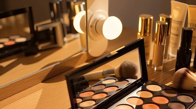 Professional quality eyeshadow palette with a variety of warm and cool shades, accompanied by makeup brushes and various cosmetic products, ready for beauty application.