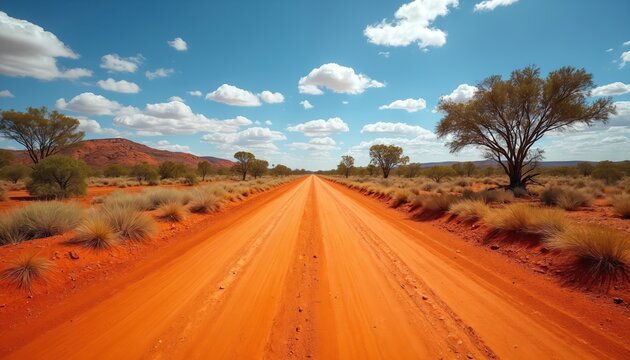 Long orange dirt road stretches through Australian outback. Arid landscape with sparse grass and trees under a vast blue sky with white clouds.
