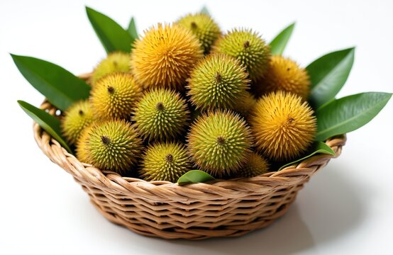 Wicker basket with spiky green and yellow asam kumbang fruits and green leaves. These exotic tropical fruits are arranged for display. A healthy natural food.
