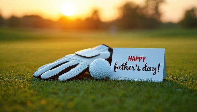 Golf glove and ball on grass with Happy Fathers Day card. Sunset over green fairway. Father son golf game, leisure time on course. Outdoors hobby pursuit.
