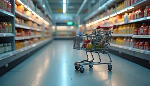 Empty shopping cart at grocery store aisle. Shelves full of products, consumer goods, and food. Buying groceries, retail shopping experience, market.
