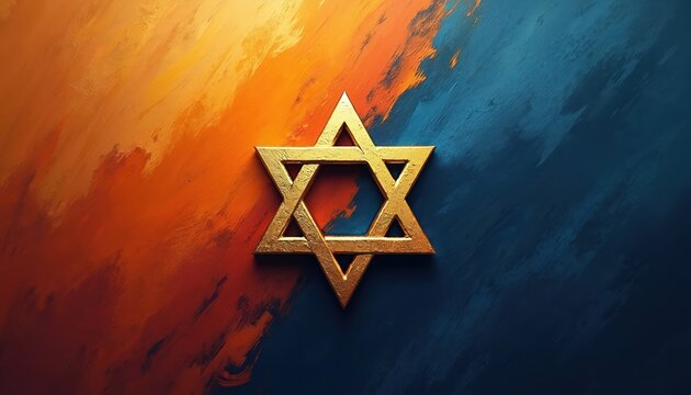 Golden Star of David on abstract orange blue paint background. Jewish symbol represents Yom Kippur holiday faith culture and tradition. Spiritual design element for religious celebration.