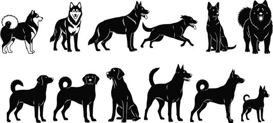Black dog silhouettes collection including husky german shepherd labrador and puppy icons isolated on white background for vector graphic design projects. © Hafiza