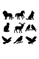 Obraz premium “Group of Domestic Animal Silhouettes Featuring Cats, Dogs, Birds, and Other Creatures in Various Poses”