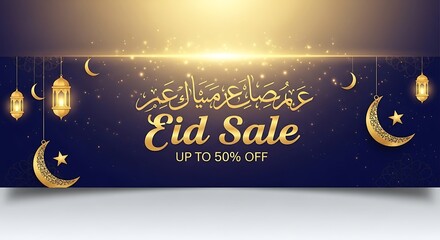 Eid sale banner gold design crescent moon lanterns festive background