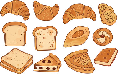 Bakery Bread and Pastry Vector Set with Croissants, Toast, Pie and Sweet Buns Illustration