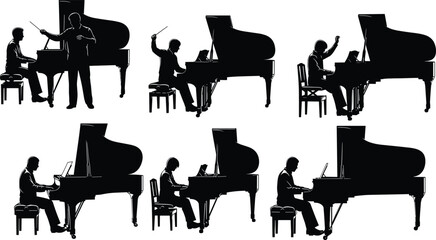 Black silhouette of professional pianist playing grand piano with conductor music teacher in various poses isolated on white background vector illustration. © Hafiza