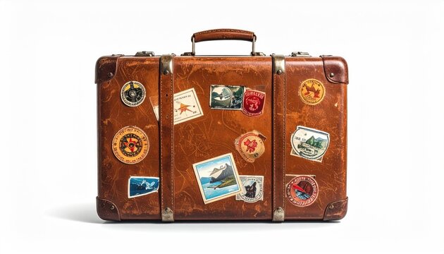 Vintage brown suitcase adorned with travel stickers against white background.