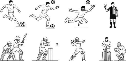Fototapeta premium Collection of dynamic sports illustrations featuring soccer and cricket players in various action poses and scenarios