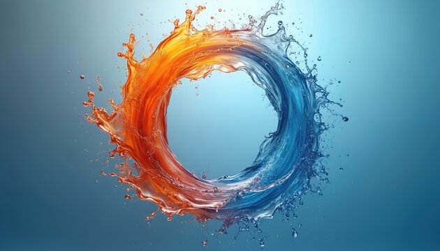Abstract circular splash. Red fire element meets blue water element creating dynamic fluid vortex. Represents balance contrast harmony, opposing forces merging. Use for concept art.