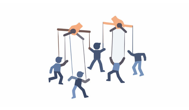 Business manipulator concept with abstract puppet figures and control strings flat vector design