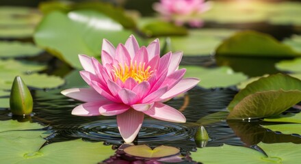 Pink Water Lily Flower in Pond.