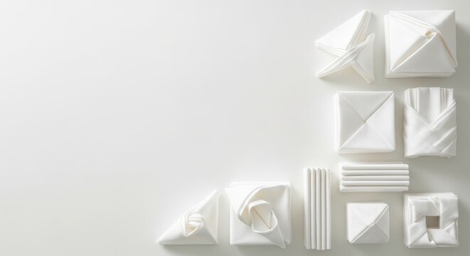 Assortment of White Cloth Napkins Folded in Various Styles