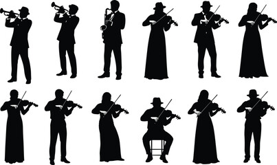 Violinist and musician silhouettes playing violin saxophone and trumpet instruments for classical jazz music performance orchestra concert and artistic vector design © Hafiza