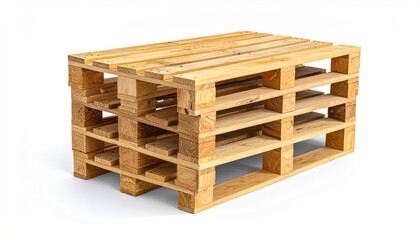 Stacked wooden pallets on white background for shipping.