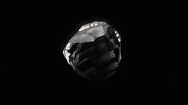 Abstract dark faceted geometric shape resembling a floating asteroid or meteorite with sharp edges and varying textures isolated on a deep black background showcasing its complex form