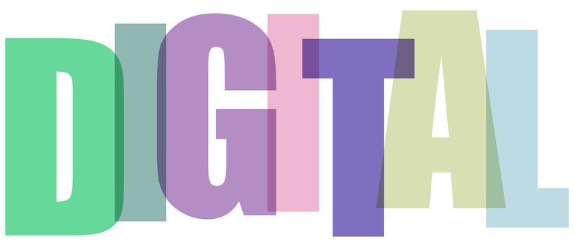 A colorful and creative representation of the word digital in various shades.
