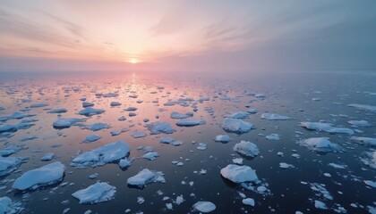 Fototapeta premium Wide aerial view of arctic ocean with ice floes floating at sunset. Pastel pink and purple sky reflects on calm dark water, creating serene mood.