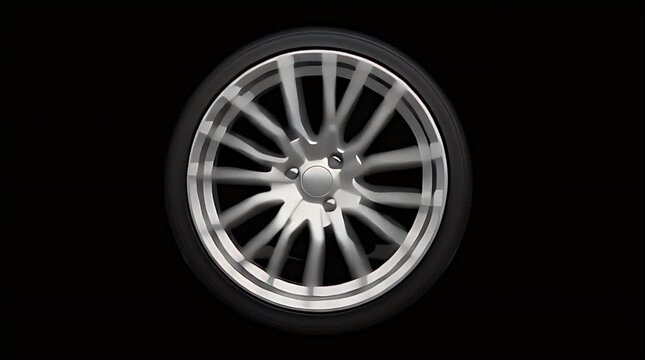 Close up of a stylized silver alloy car wheel and tire spinning quickly against a solid black background suggesting motion or speed.