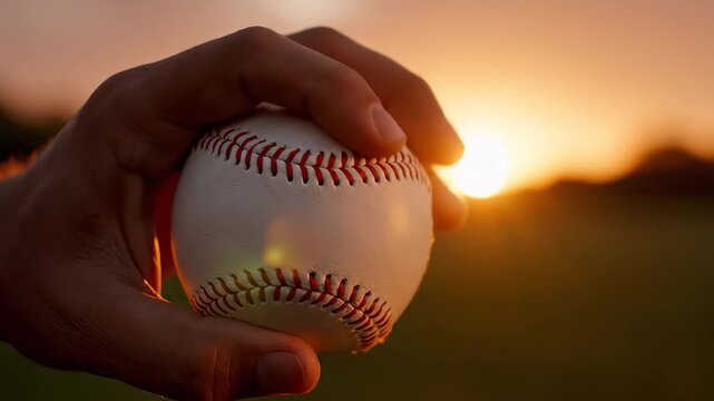 Hand holding baseball at sunset