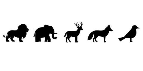 Obraz premium Set of wild animal silhouettes including a lion, elephant, deer, fox, and bird on a white background.