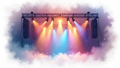 Naklejka premium Concert stage with lights and speakers. Colorful beams shine through fog. Rock show setup ready for performance. Entertainment event backdrop for gigs. Dramatic music show lighting.