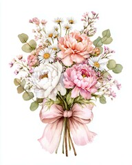 Elegant Watercolor Floral Bouquet with Pink Ribbon, Featuring Peonies and Daisies in a Romantic Vintage Style for Wedding Invitations