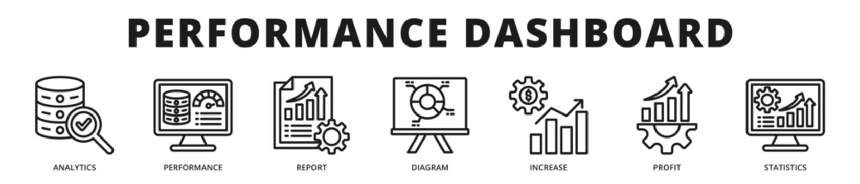 Premium banner showcasing a performance dashboard environment integrating analytics visualization, profitability tracking, and structured statistical reporting outline icon style