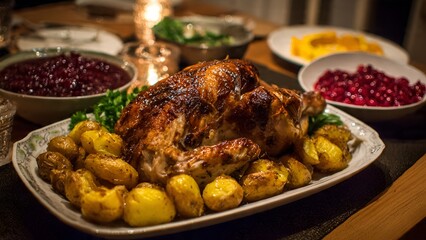 A succulent, golden-brown roasted whole chicken, glistening with juices, sits surrounded by crispy