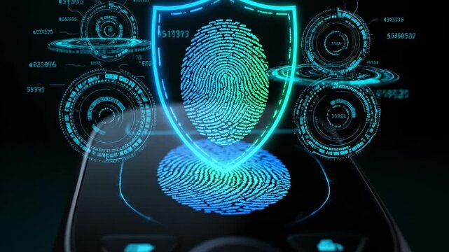 Biometric fingerprint security scan on a digital device with glowing shield and futuristic interface.