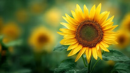 Obraz premium A vibrant, sun-drenched sunflower emerges from a lush green field, its bright yellow petals