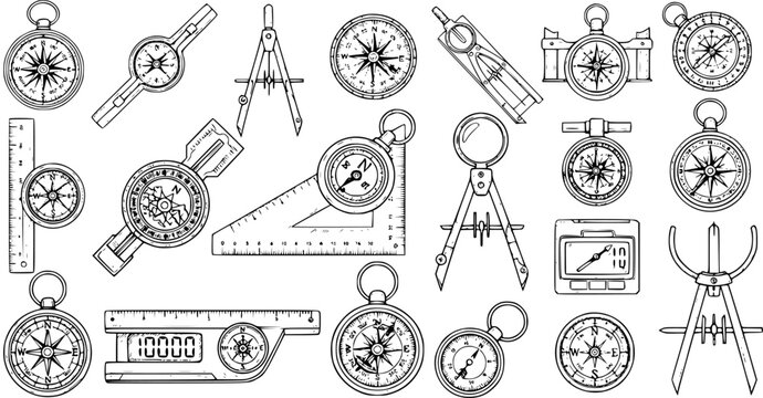 Surveying  Navigation Tools: Set of Compass, Sextant, Level  More Hand-Drawn Vector Illustrations