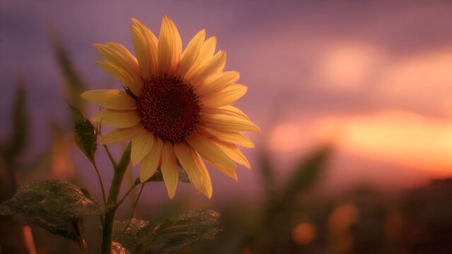 A solitary sunflower glows with warm hues against a softly blurred twilight sky, evoking