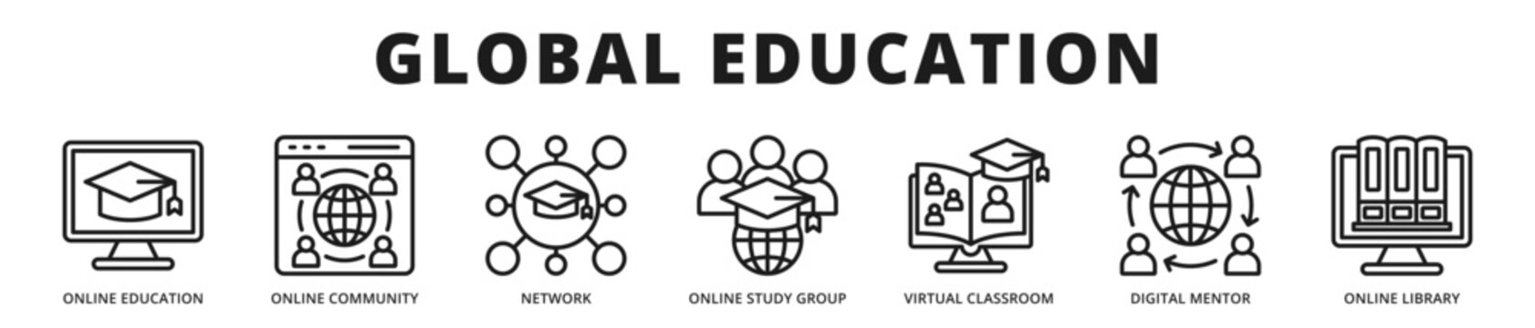 Premium banner showcasing a global education ecosystem connecting learners worldwide through digital collaboration, mentorship, and shared academic resources outline icon style