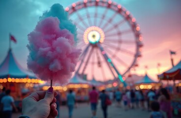 Naklejka premium Hand holds pink and blue cotton candy stick. Blurred amusement park with ferris wheel and tents at dusk. People enjoy festival fun, bright lights.