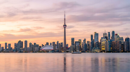 Obraz premium Toronto Skyline with CN Tower at Sunrise Over Lake Ontario