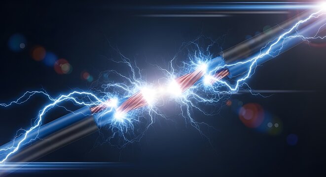 High voltage electrical cables with bright energy sparks. Power transmission and short circuit risk. Exposed copper wires discharging blue lightning bolts in a dark industrial space