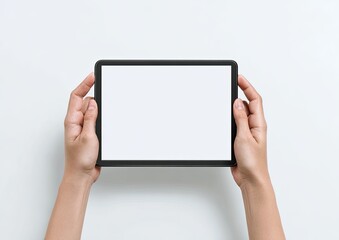 Two hands holding a blank tablet against a white background, front view