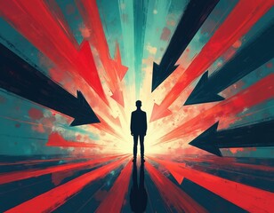 Fototapeta premium Silhouette of person in abstract tunnel of converging arrows. Man faces many choices pressure stress and mental conflict. Focus concentration and inner contemplation against chaos.