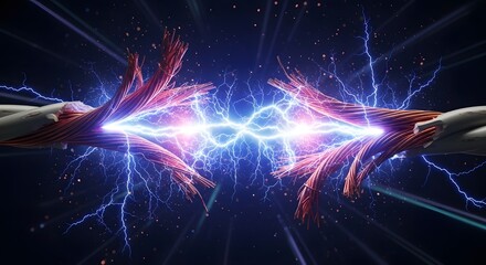 Broken electrical wire with sparks and energy discharge. Short circuit and power failure hazard. Frayed copper cable bursting with blue lightning against a dark background