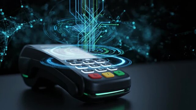 Digital payment terminal with glowing blue data streams and network connections, representing secure electronic transactions and modern financial technology.