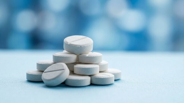 White pills stacked in pyramid shape on blue background
