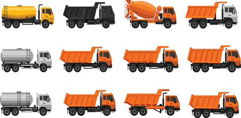 Heavy duty truck collection vector illustration, dump truck cement mixer tanker vehicles, industrial transport fleet set © Zakia