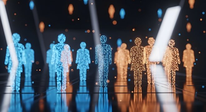 Crowded group of glowing digital human figures in a dark room. Big data analytics and demographic social network. Virtual crowd representing population and human resource management