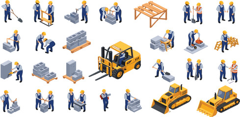 Construction workers and heavy equipment vector set, forklift bulldozer bricklaying teamwork, industrial building process illustration collection © Zakia