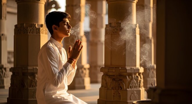Young man in white traditional clothing praying with folded hands in a sunlit ancient stone temple with incense smoke