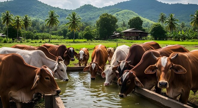 A herd of cows drinking water from a trough in a lush tropical countryside landscape