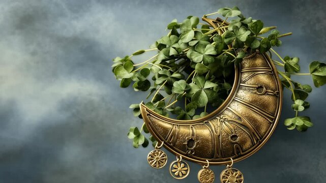 Saint Patrick Day shamrock clover gold necklace jewelry, Celtic Irish charm torc pendant on moody dark background with engraved crescent metal torque, fresh green leaf, holiday still life copy space