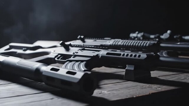 Guns on wooden table
