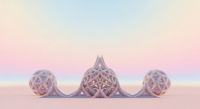 Symmetrical, three-piece geometric sculpture with interconnected triangular patterns. Pastel gradient background provides soft illumination